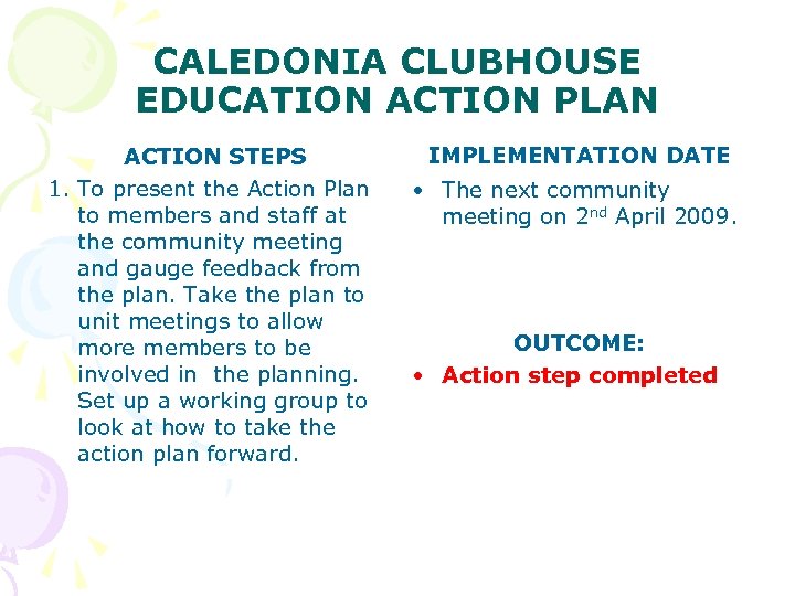 CALEDONIA CLUBHOUSE EDUCATION ACTION PLAN ACTION STEPS 1. To present the Action Plan to