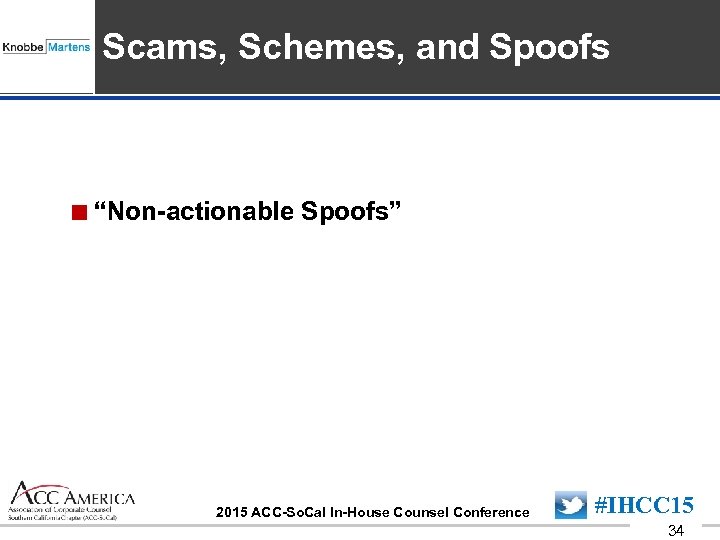 Insert Sponsor Logo here Scams, Schemes, and Spoofs <“Non-actionable Spoofs” #IHCC 15 2015 ACC-So.