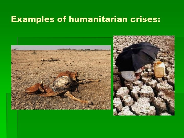 Examples of humanitarian crises: 