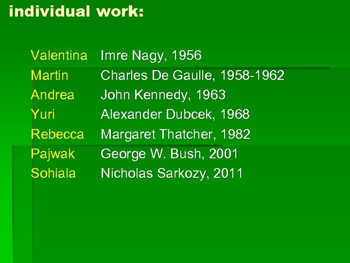 individual work: Valentina Martin Andrea Yuri Rebecca Pajwak Sohiala Imre Nagy, 1956 Charles De