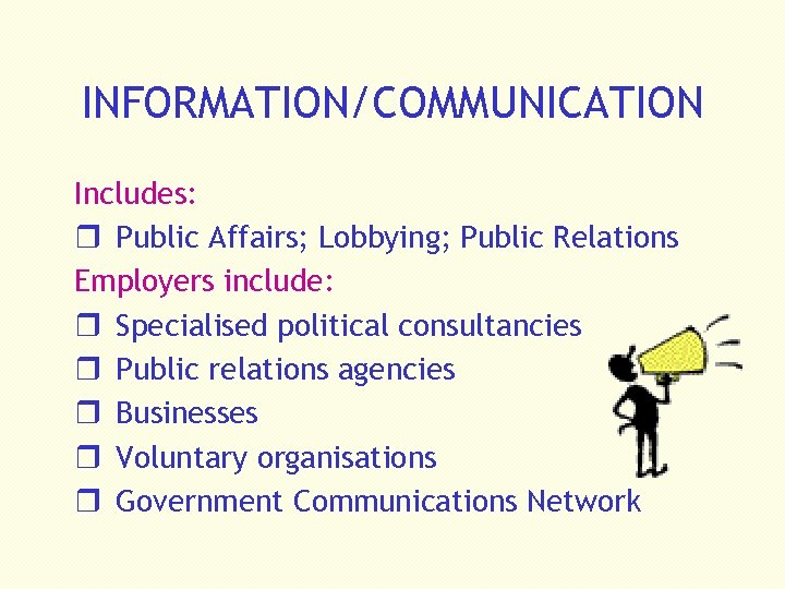 INFORMATION/COMMUNICATION Includes: r Public Affairs; Lobbying; Public Relations Employers include: r Specialised political consultancies