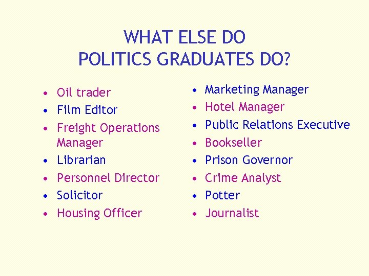 WHAT ELSE DO POLITICS GRADUATES DO? • Oil trader • Film Editor • Freight