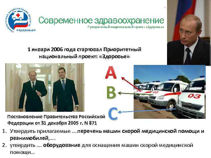 1 января 2006 года стартовал Приоритетный национальный проект: «Здоровье» Постановление Правительства Российской Федерации от