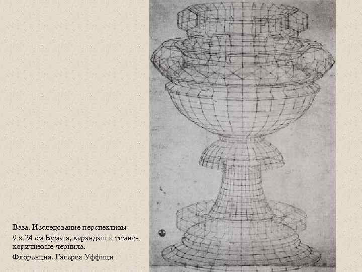 Ваза. Исследование перспективы 9 x 24 см Бумага, карандаш и темнокоричневые чернила. Флоренция. Галерея