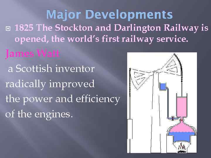 Major Developments 1825 The Stockton and Darlington Railway is opened, the world’s first railway