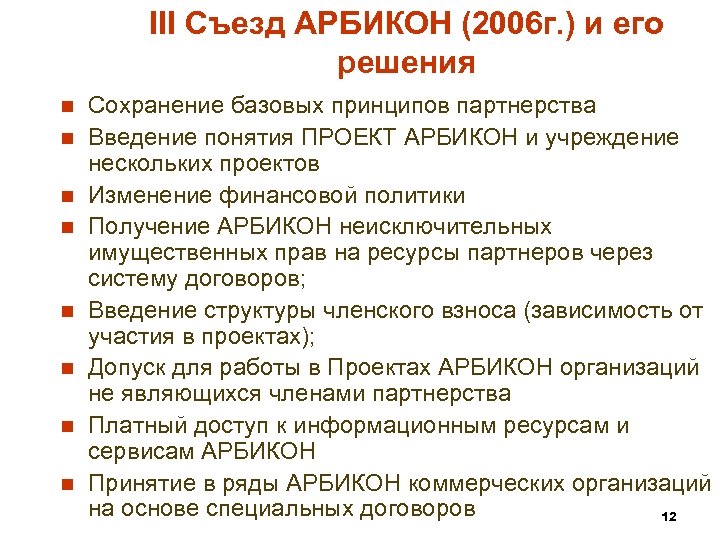 III Съезд АРБИКОН (2006 г. ) и его решения n n n n Сохранение