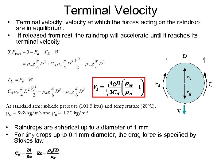 Terminal Velocity • Terminal velocity: velocity at which the forces acting on the raindrop