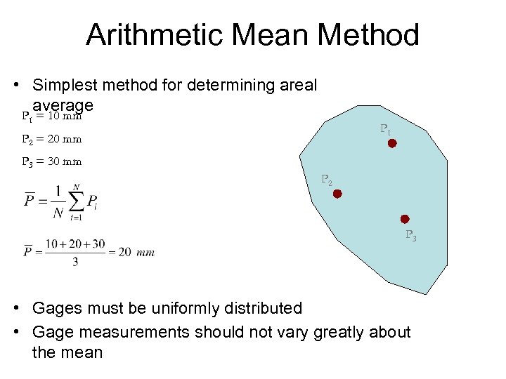 Arithmetic Mean Method • Simplest method for determining areal average P 1 = 10