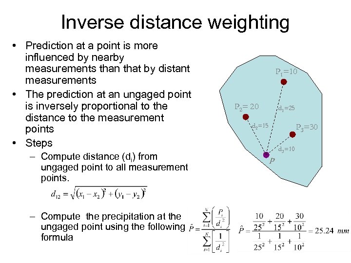 Inverse distance weighting • Prediction at a point is more influenced by nearby measurements