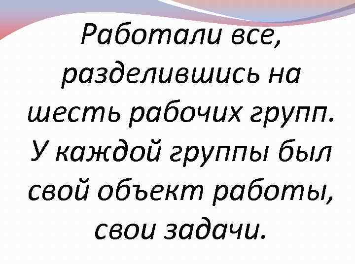 Работали все, разделившись на шесть рабочих групп. У каждой группы был свой объект работы,