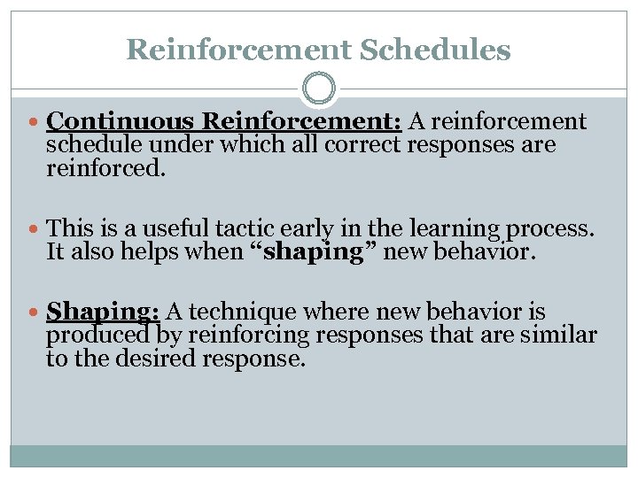 Reinforcement Schedules Continuous Reinforcement: A reinforcement schedule under which all correct responses are reinforced.