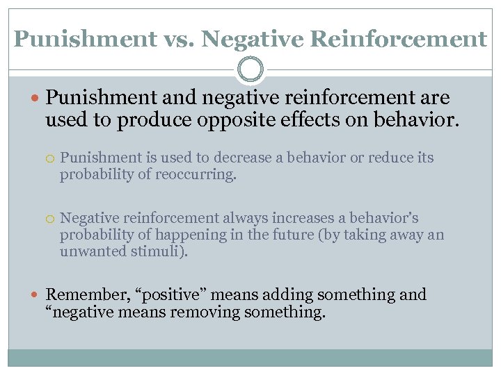Punishment vs. Negative Reinforcement Punishment and negative reinforcement are used to produce opposite effects