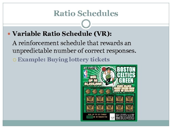 Ratio Schedules Variable Ratio Schedule (VR): A reinforcement schedule that rewards an unpredictable number