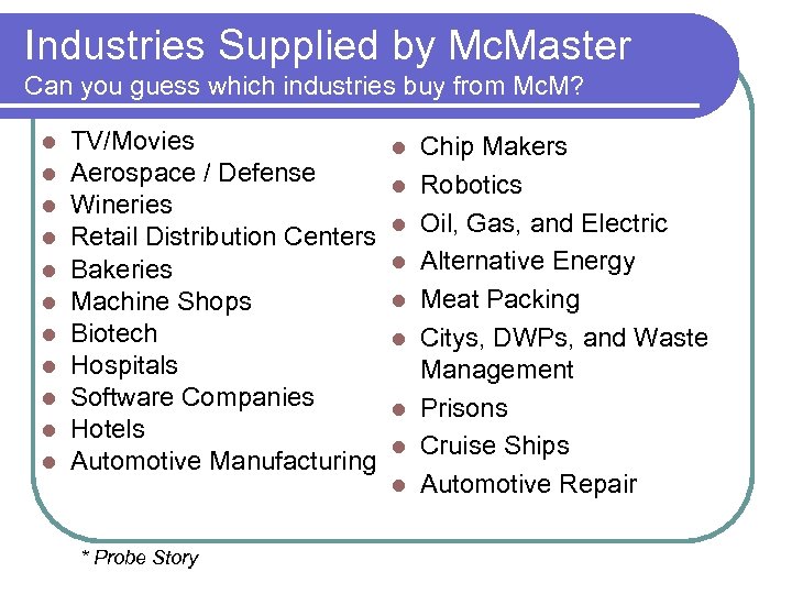 Industries Supplied by Mc. Master Can you guess which industries buy from Mc. M?