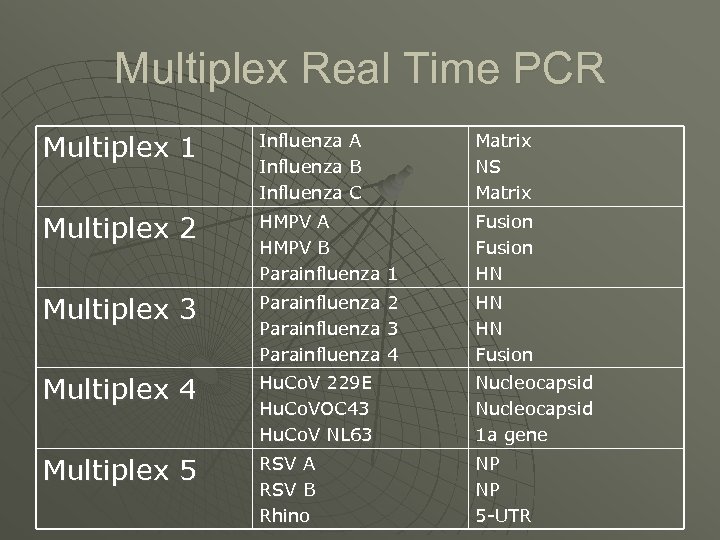 Multiplex Real Time PCR Multiplex 1 Influenza Multiplex 2 HMPV A HMPV B Parainfluenza