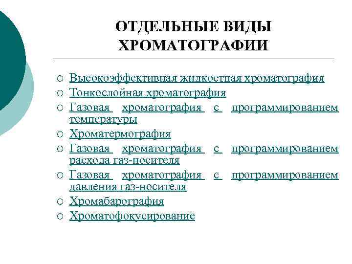 ОТДЕЛЬНЫЕ ВИДЫ ХРОМАТОГРАФИИ ¡ ¡ ¡ ¡ Высокоэффективная жидкостная хроматография Тонкослойная хроматография Газовая хроматография