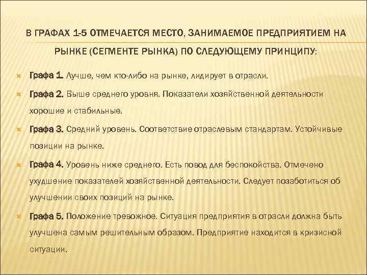 В ГРАФАХ 1 -5 ОТМЕЧАЕТСЯ МЕСТО, ЗАНИМАЕМОЕ ПРЕДПРИЯТИЕМ НА РЫНКЕ (СЕГМЕНТЕ РЫНКА) ПО СЛЕДУЮЩЕМУ