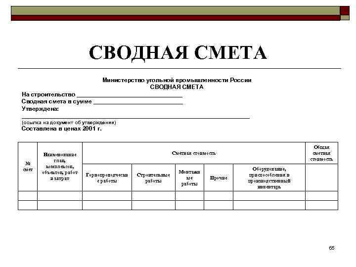 СВОДНАЯ СМЕТА Министерство угольной промышленности России СВОДНАЯ СМЕТА На строительство ________________ Сводная смета в