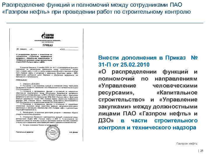 Распределение функций и полномочий между сотрудниками ПАО «Газпром нефть» при проведении работ по строительному