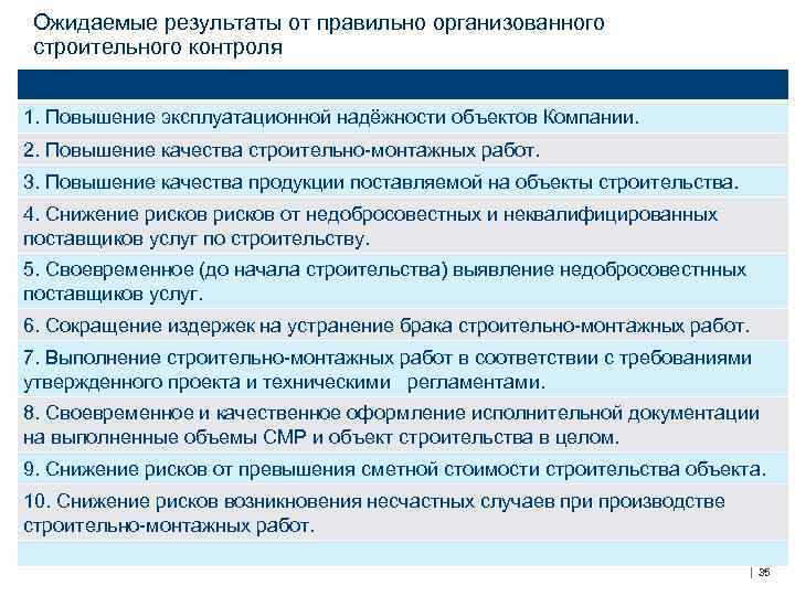 Ожидаемые результаты от правильно организованного строительного контроля 1. Повышение эксплуатационной надёжности объектов Компании. 2.