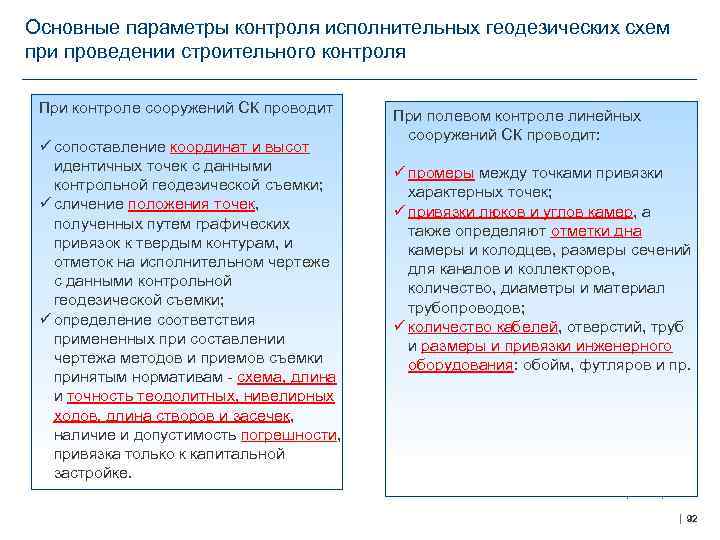 Основные параметры контроля исполнительных геодезических схем при проведении строительного контроля При контроле сооружений СК