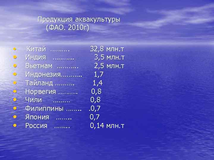 Продукция аквакультуры (ФАО. 2010 г) • • • Китай ………. 32, 8 млн. т