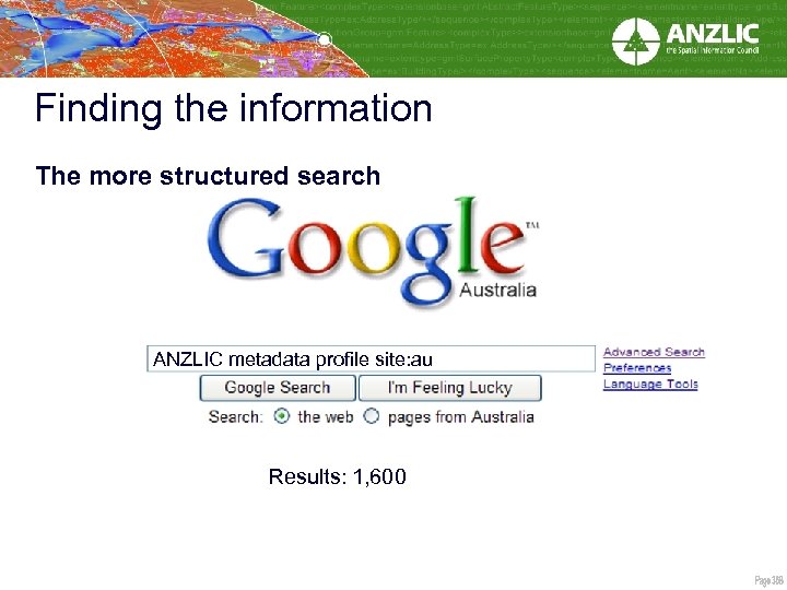 Finding the information The more structured search ANZLIC metadata profile site: au Results: 1,