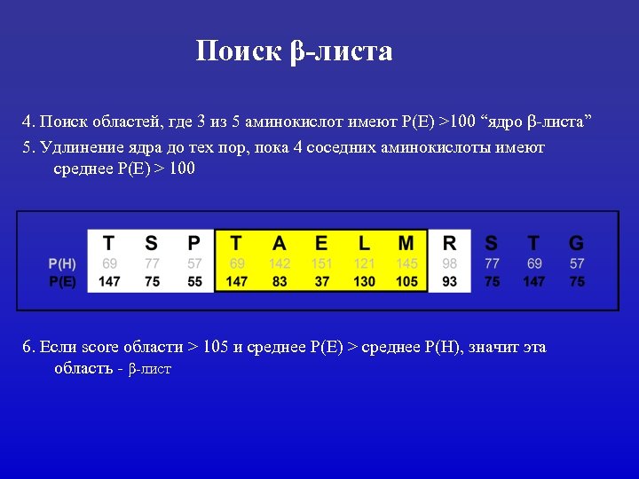 Поиск β-листа 4. Поиск областей, где 3 из 5 аминокислот имеют P(E) >100 “ядро