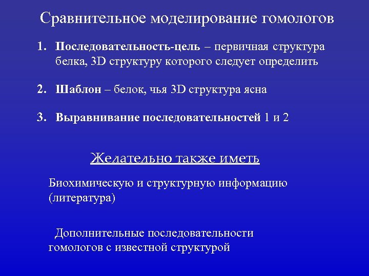 Сравнительное моделирование гомологов 1. Последовательность-цель – первичная структура белка, 3 D структуру которого следует