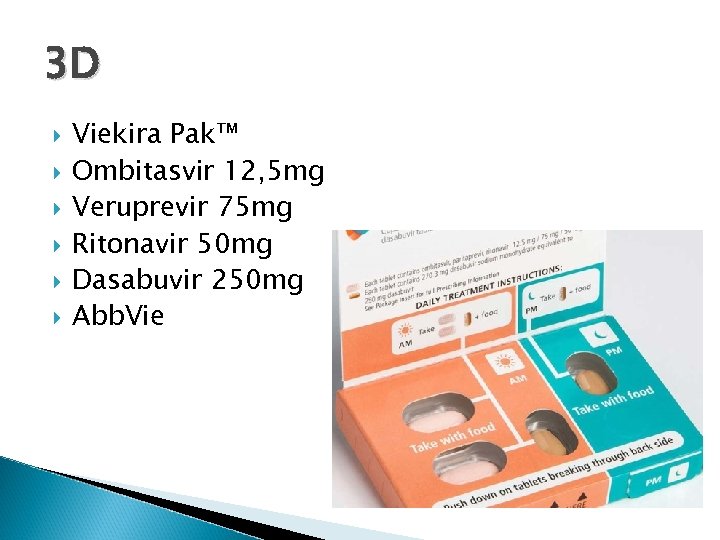 3 D Viekira Pak™ Ombitasvir 12, 5 mg Veruprevir 75 mg Ritonavir 50 mg