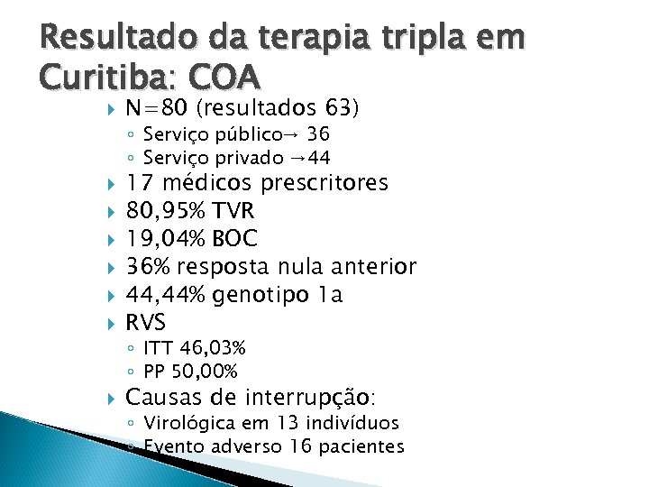 Resultado da terapia tripla em Curitiba: COA N=80 (resultados 63) ◦ Serviço público→ 36