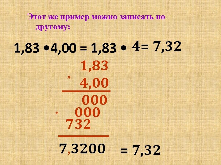 Этот же пример можно записать по другому: 1, 83 • 4, 00 = 1,