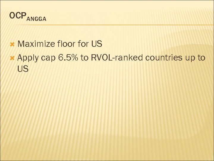 OCPANGGA Maximize floor for US Apply cap 6. 5% to RVOL-ranked countries up to
