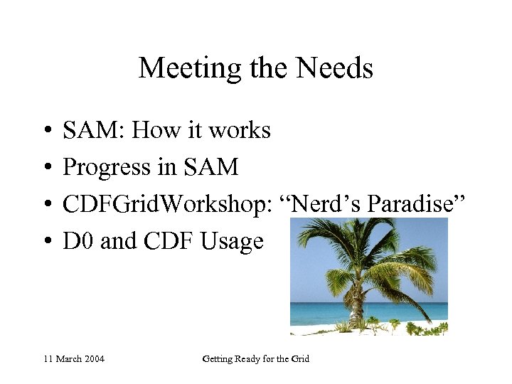 Meeting the Needs • • SAM: How it works Progress in SAM CDFGrid. Workshop: