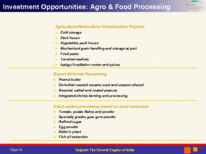 Investment Opportunities: Agro & Food Processing Agriculture/Horticulture Infrastructure Projects ► Cold storage ► Pack