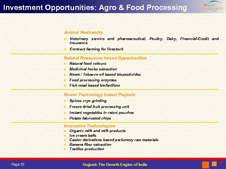 Investment Opportunities: Agro & Food Processing Animal Husbandry ► Veterinary service and pharmaceutical, Poultry,