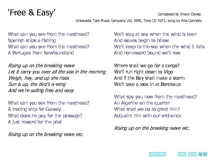 ‘Free & Easy’ Composed by Shaun Davey Granuaile, Tara Music Company Ltd, 1985, Tara