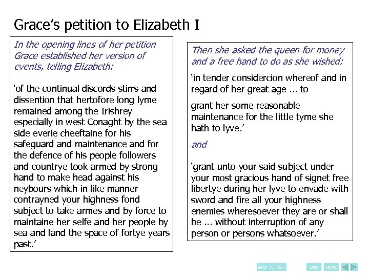 Grace’s petition to Elizabeth I In the opening lines of her petition Grace established