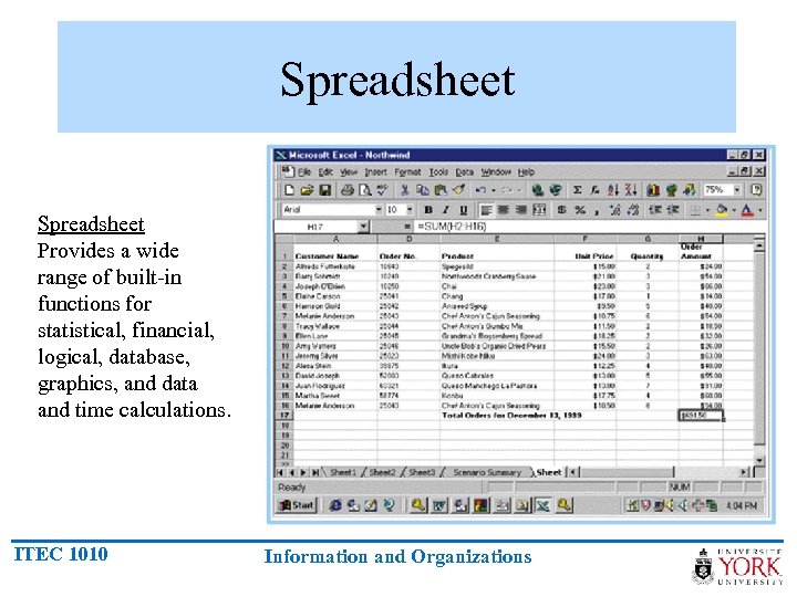 Spreadsheet Provides a wide range of built-in functions for statistical, financial, logical, database, graphics,