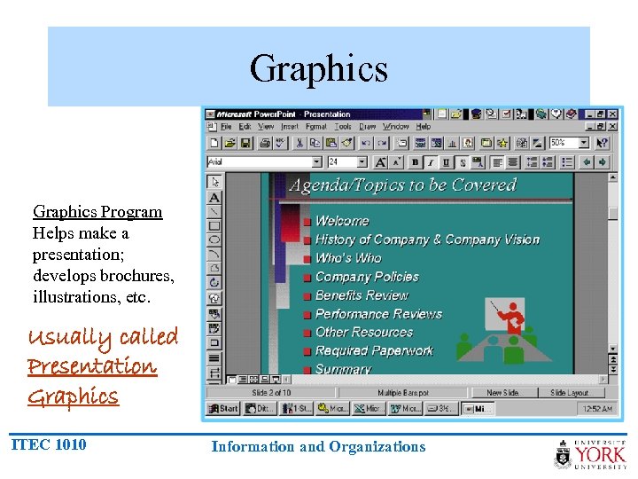 Graphics Program Helps make a presentation; develops brochures, illustrations, etc. Usually called Presentation Graphics