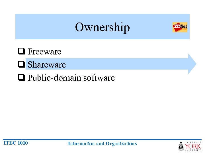 Ownership q Freeware q Shareware q Public-domain software ITEC 1010 Information and Organizations 