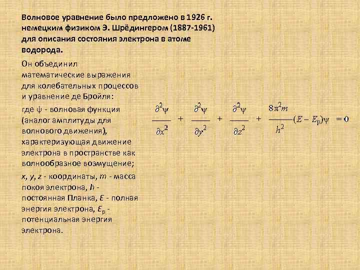 Волновое уравнение было предложено в 1926 г. немецким физиком Э. Шрёдингером (1887 -1961) для