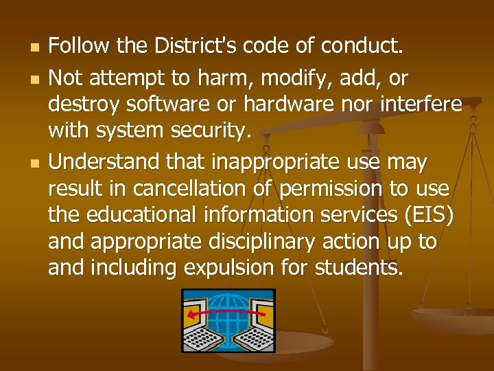 n n n Follow the District's code of conduct. Not attempt to harm, modify,