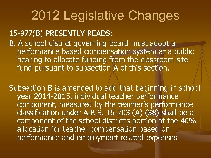 2012 Legislative Changes 15 -977(B) PRESENTLY READS: B. A school district governing board must