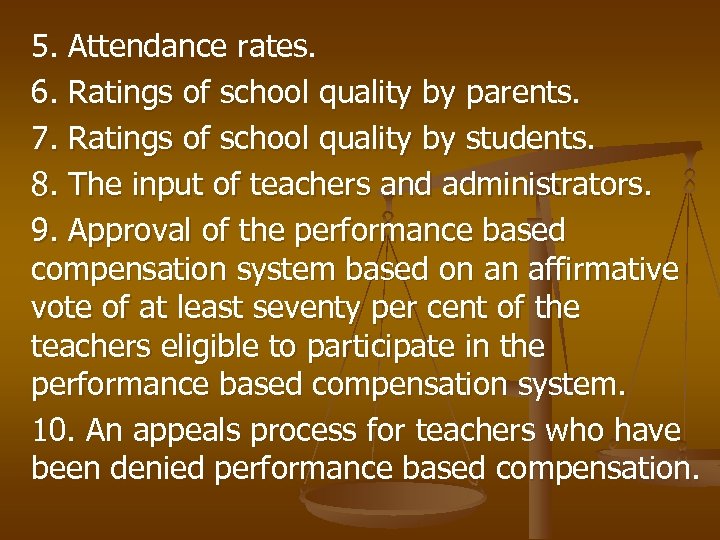 5. Attendance rates. 6. Ratings of school quality by parents. 7. Ratings of school