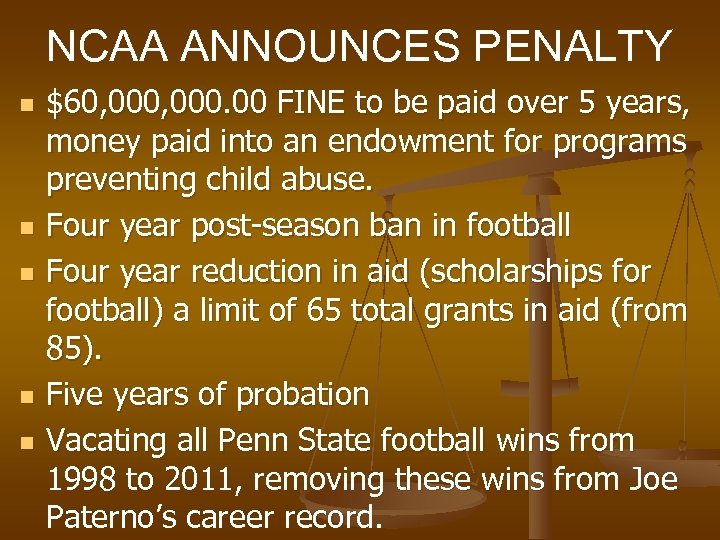 NCAA ANNOUNCES PENALTY n n n $60, 000. 00 FINE to be paid over