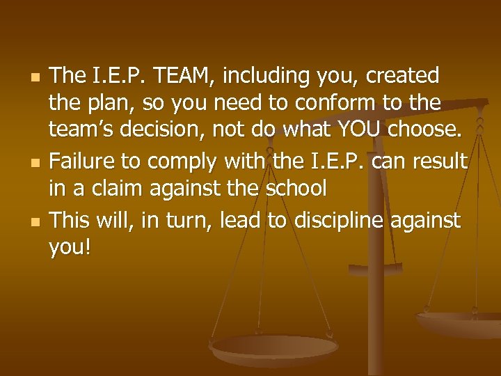 n n n The I. E. P. TEAM, including you, created the plan, so