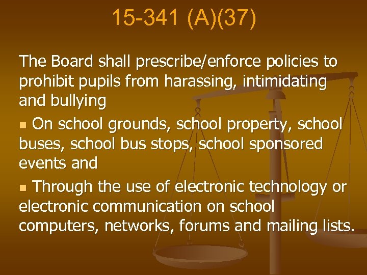 15 -341 (A)(37) The Board shall prescribe/enforce policies to prohibit pupils from harassing, intimidating