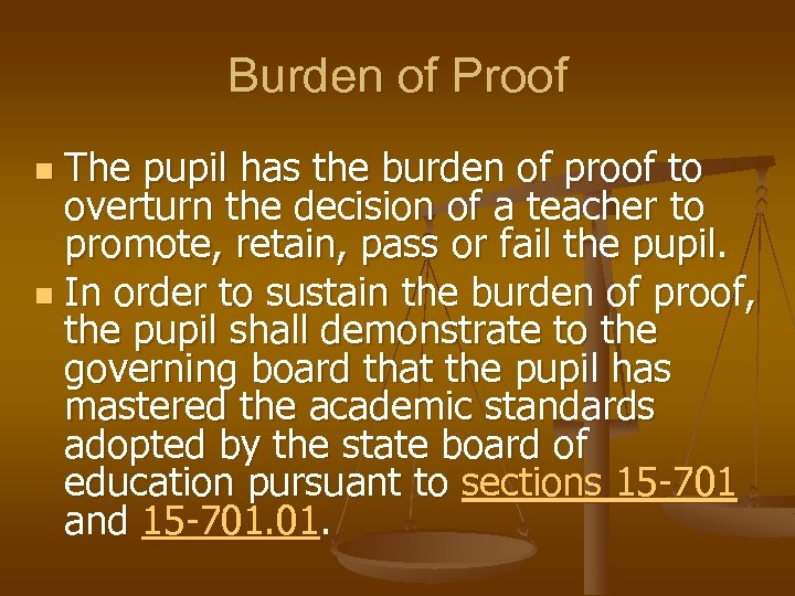 Burden of Proof The pupil has the burden of proof to overturn the decision