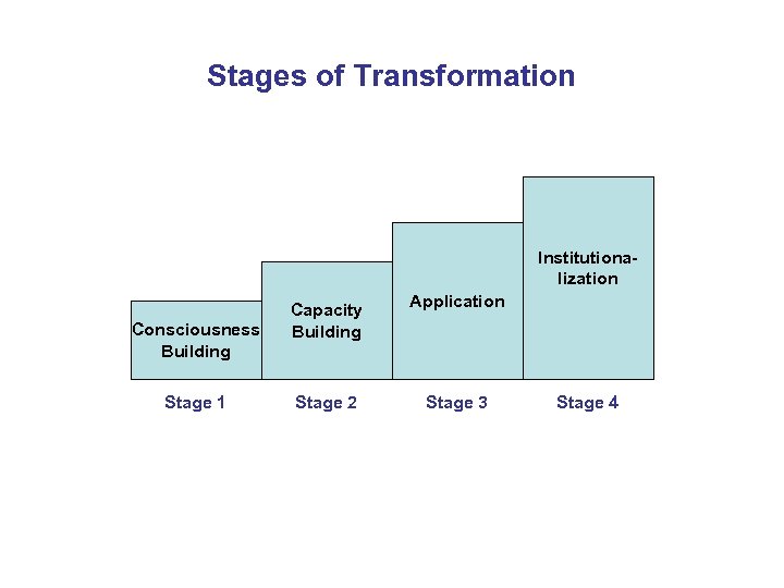 Stages of Transformation Institutionalization Consciousness Building Stage 1 Capacity Building Stage 2 Application Stage